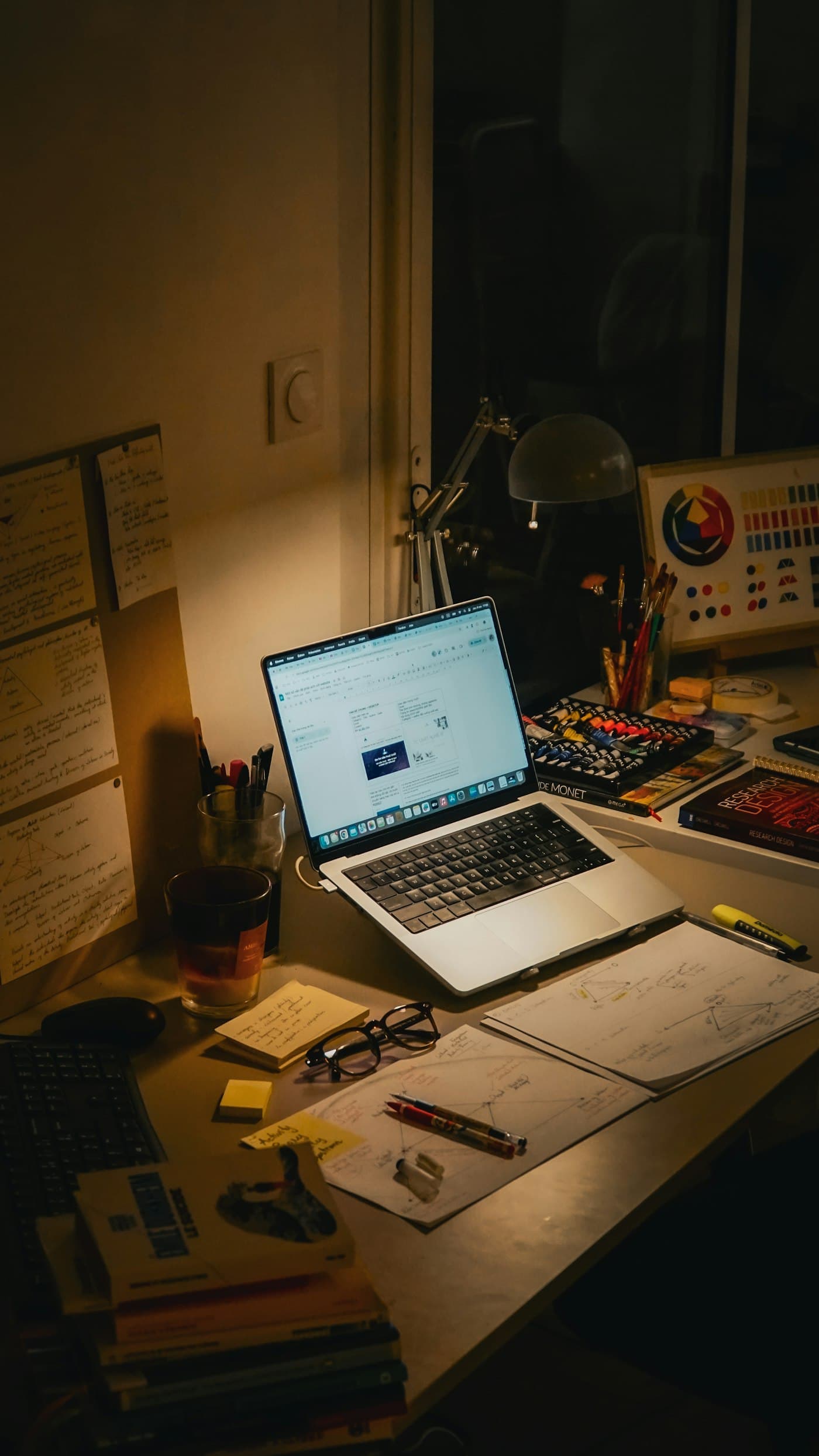 A home desk late at night: a laptop open on a draft, handwritten notes pinned to the wall, a desk lamp on.